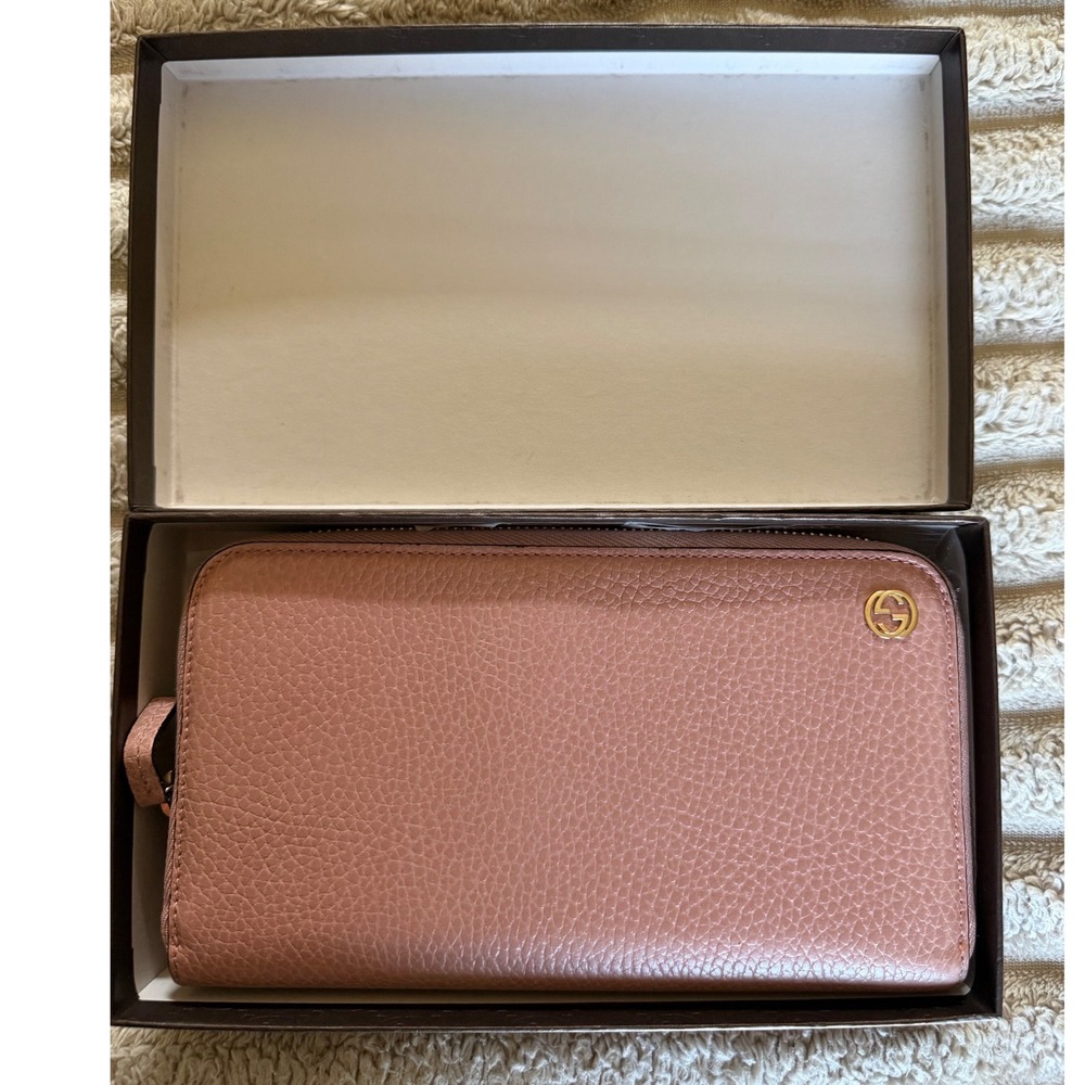 Gucci‎ Interlocking G Zip Around Long Wallet Pink Pebbled Leather 449347 in Box - Picture 2 of 12